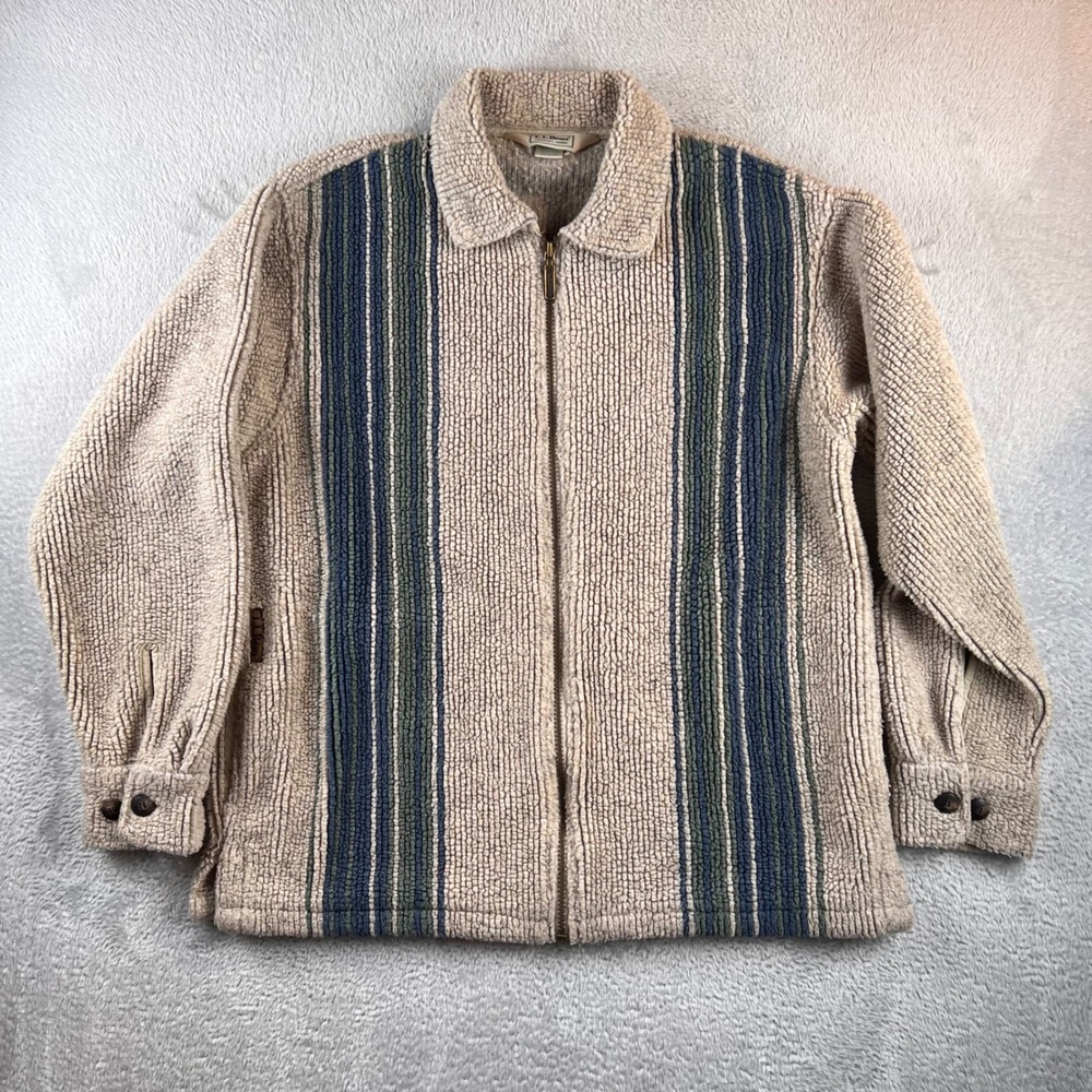 Vintage LL Bean Fleece Jacket Womens Small Tan Blue Stripe Full Zip Made in USA